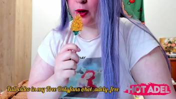 Sexy teen russian chubby girl with small tits sucking lollipop ASMR